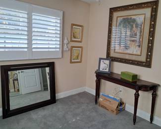 CONSOLE TABLE, LARGE FRAMED TROPICAL PRINT, DRESSER MIRROR