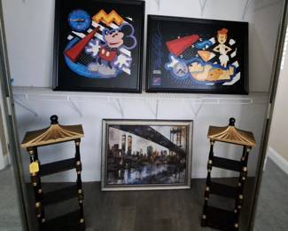 FRAMED DISNEY INSPIRED AND NEW YORK TWIN  TOWERS ORIGINAL WORKS OF ART,  CUTE SET OF ASIAN WALL SHELVES