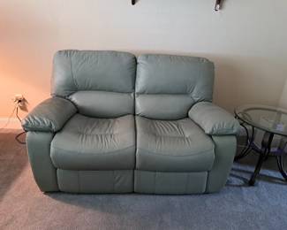DOUBLE RECLINING LOVE SEAT - ONE OF TWO MATCHING, GLASS END TABLE