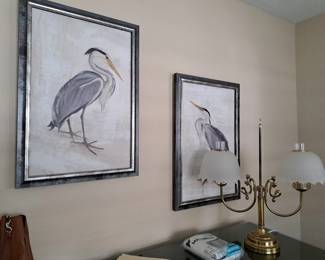 PAINTINGS OF CRANES, ANTIQUE BRASS LAMP