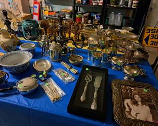 VARITY OF SILVER PLATE ITEMS PLUS BLUE AND WHITE CERAMICS