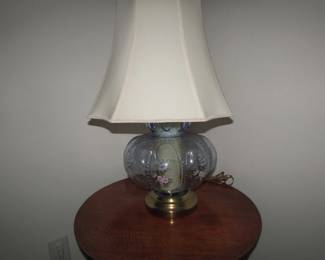 Hollywood Regency Style iridescent hand painted blue glass lamp