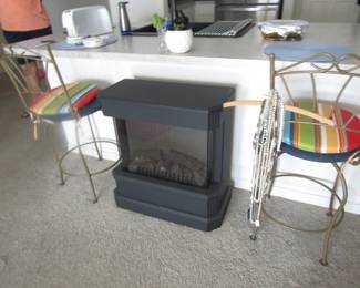 electric fireplace (summer is almost over!!) Swivel counter chairs