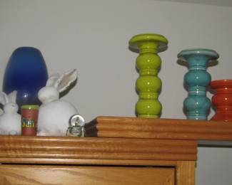 cobalt blue glass vase, rabbits & candle holders