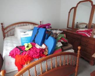 nice oak bed, mattress, boxspring, frame, dresser and night stand