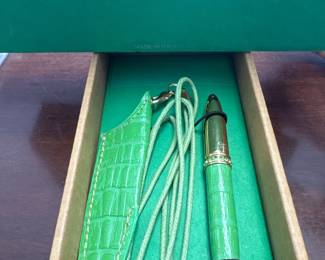 Campo Marzio Italy Ball Point Pen Necklace GREEN Mini Crystals Leather Pouch NEW