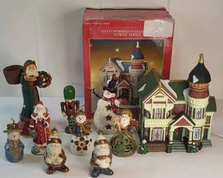 FHM256 - Assorted Décor Lot – Santa’s Workbench Lighted House, Hallmark Santa, Ornaments & More