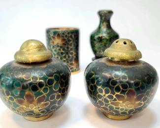 FHM037 - Charming Vintage Green Cloisonné Enamel Floral / 4 Piece Set With Vase, Shakers & Cup