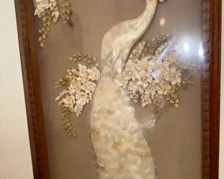 FHM026 - Vintage White Seashell Wall Art Of A Peacock