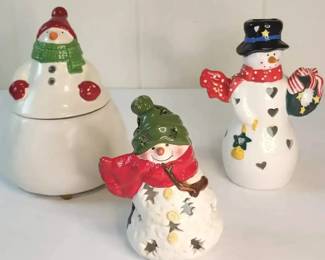 FHM254 - Hallmark Ceramic Snowman Christmas Décor Lot – Cookie/Candy Jar & 2 Votive Candle Holders