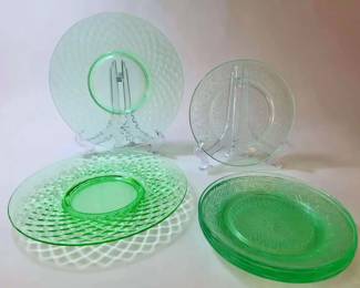 FHM134 - Seven Fine Depression Era Uranium Glass Plates - Imperial Glass and U.S. Glass