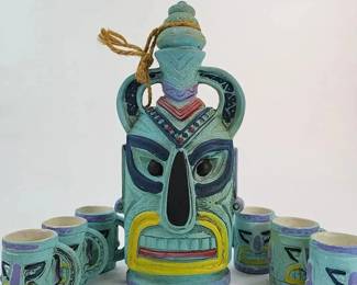 FHM080 - Fantastic Vintage Quon-Quon Japan Tiki Ceramic Decanter & 6 Mug Set - Full 7 Piece Barware