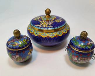 FHM038 - Cobalt Blue Chinese Cloisonné Enamel 3-Piece Lidded Jar & Box Set - Vintage Made in Beijing