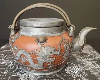 FHM045 - Vintage Chinese Shanghai Red Clay Teapot / Pewter Overlay Dragon Motif