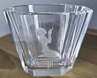 FHM040 - Striking Vintage Swedish Art Deco Crystal Vase / Etched Kneeling Woman / Engraved Signature