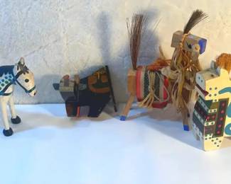 FHM149 - Four Hand Carved Wooden Horses And Bull
