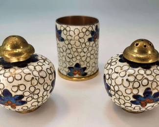 FHM039 - Attractive Chinese Cloisonné Enamel 3-Piece Floral Salt & Pepper Shaker Set with Holder