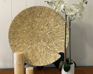FHM057 - 4-Piece Decor Bundle - Capiz Shell Platter, White Orchid, Pillar Candles
