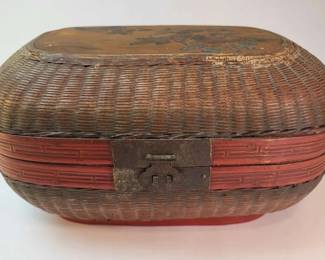 FHM139 - Chinese Lacquered Bamboo & Rattan Basket - Hand Woven and Painted Floral Design