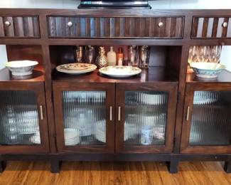 FHM259 - Large Wood Buffet / Sideboard - Tropical Asian-Inspired Design - Textured Glass Doors