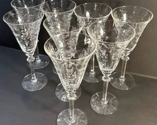 FHM165 - Eight Etched Crystal Stemware Glasses Vintage