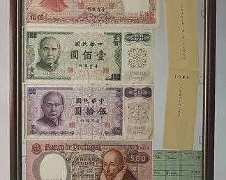 FHM263 - Vintage Framed World Currency Display -Taiwan & Portugal Banknotes - 1970s - 1986 Rose Bowl