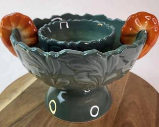 FHM044 - Whimsical John Derian Company Stoneware Pedestal Serving Set – Green Leaf Shrimp Handle