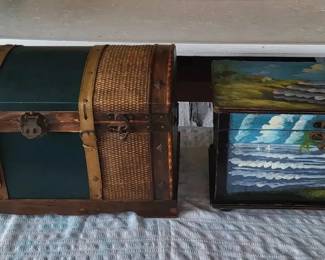 FHM107 - Pair of Decorative Storage Chests - Coastal Hand-Painted Chest & Domed Trunk Chest