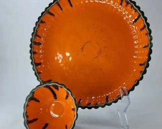 FHM077 - Mid-Century Orange Glazed Ceramic Chip & Dip Serving Set / Fluted 2-Piece Pottery