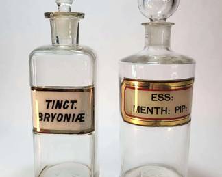 FHM031 - Pair of Antique Glass Apothecary Bottles with Original Labels and Stoppers