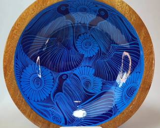 FHM030 - Folk Art Mexican Hand Carved & Painted Wood Bowl Stunning Blue Birds Vintage