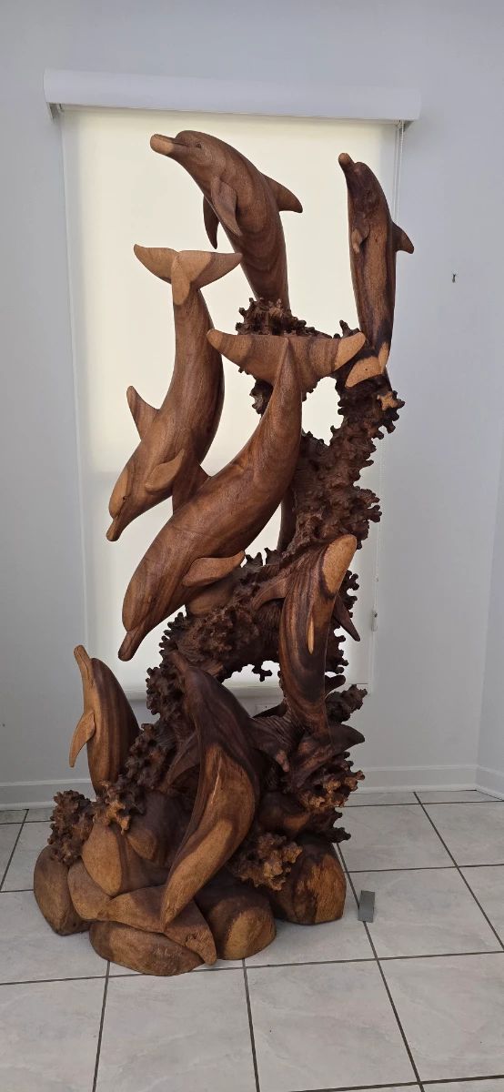 Hand Carved 6' Teak Dolphin Pod Sculpture