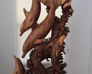 Hand Carved 6' Teak Dolphin Pod Sculpture