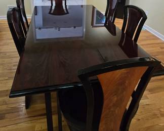 Vintage Post Modern Lacquered Burl Wood Extendable Dining Table with a set of 10 chairs  by designer Peitro Costantini