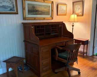 Antique oak panel rolltop desk & oak chair. Again lots of art...paintings, etchings, prints & lithographs
