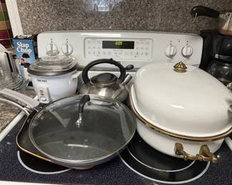 Tea kettle, roasting pans, and skillets