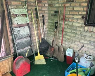Stepstool, gas cans and yard tools