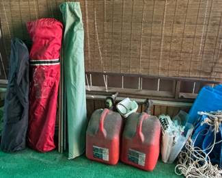 Camping chairs and equipment, tarp, gas cans