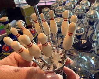 OK THIS VINTAGE BOWLING MARTINI PICK SET INSANE