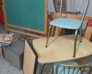 Vintage kiddo table & chairs, braided rag rugs