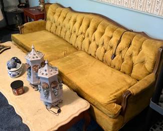 French Provincial Velvet Sofa with Marble Topped Coffee Table