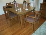 1960's Drexel Dining Room Suite, table with leaves and parquetry top, 4 Frech style chairs
