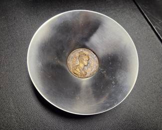 Mid-Century Modern Italian Stainless Steel Coin Bowl with 1836 Prague Coronation Medallion
