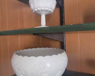 Vintage Milk Glass Paneled Grape and Fruit Motif Serving Set