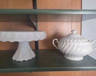 Vintage Milk Glass Pedestal Cake Stand and Covered Casserole Dish