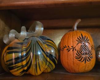 Decorative Glass and Carved Resin Pumpkin Set
