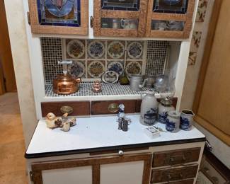 Hoosier Cabinet with Stained Glass and Tile Backsplash