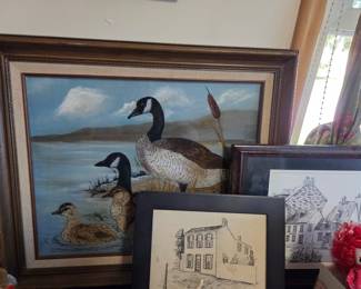 Vintage Canada Goose and Goslings Oil Painting