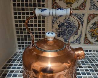 Vintage Copper Tea Kettle with Delft-Style Porcelain Accents