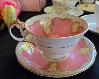 Shelley Fine Bone China Teacup and Saucer, Pink and Gold Lattice Pattern